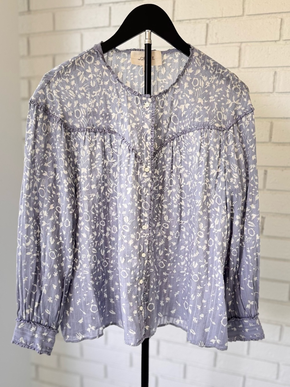 The GREAT Dust Blue Blouse with white motif